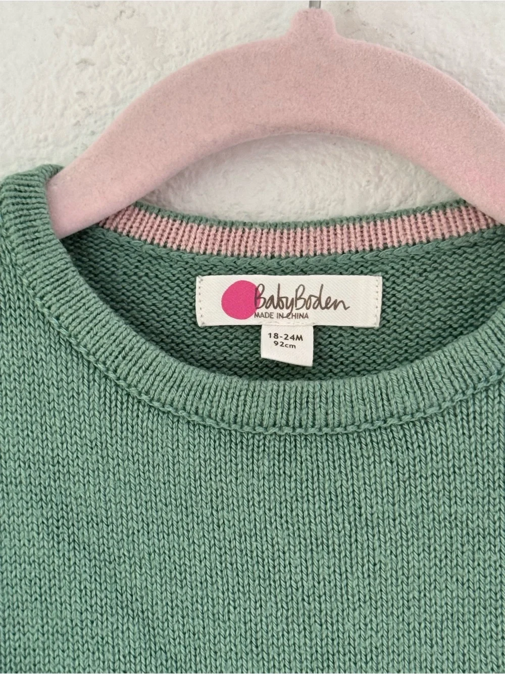 Baby Boden Green Knit Dress with Pink Stripe Sleeves